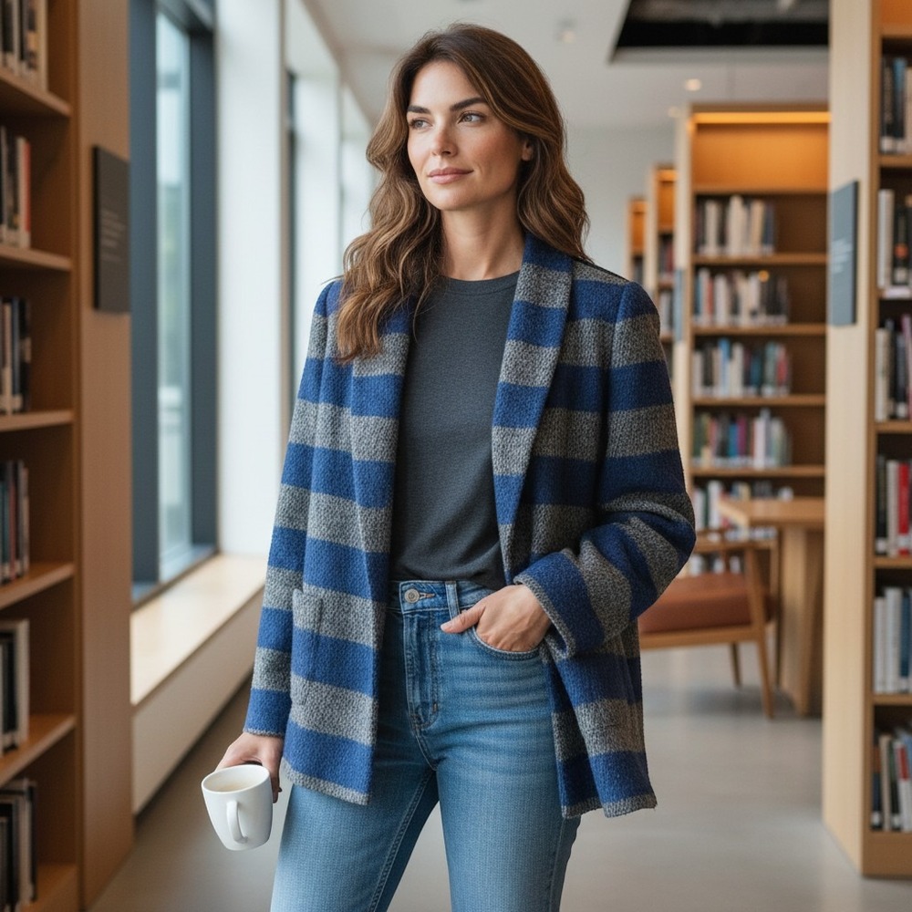 Sezane Blue and Grey Striped Wool Blazer Size 38 (US 6)